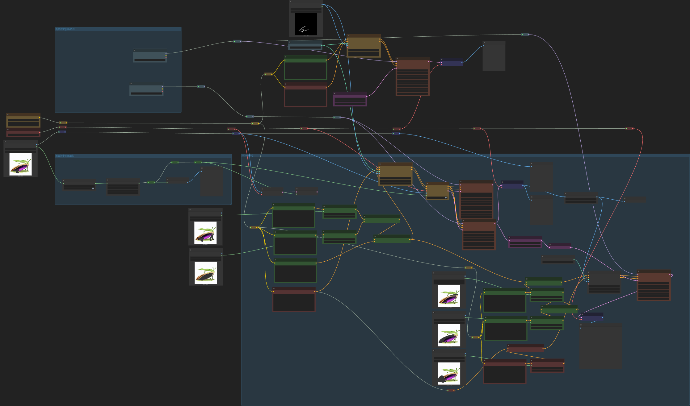 Final ComfyUI spaghetti. Connections everywhere, multiple masks for conditioning different regions at different stages, and a lot of trial and error.