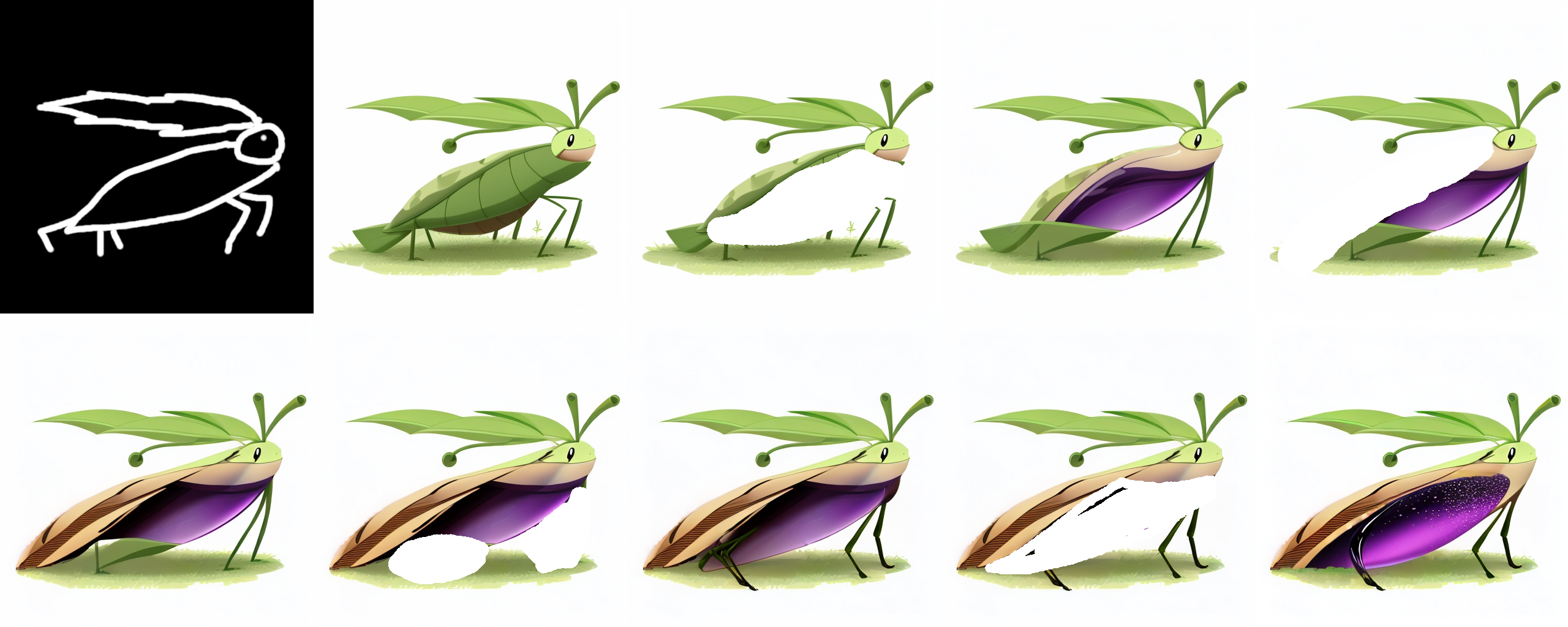 Evolution of a scribble: left to right, top to bottom. The doodle. The 16th generation from that doodle. Underbelly masked out for inpainting. 9th generation. Upper shell masked out. 14th generation. Legs masked out. 61st generation. Underbelly masked out again. 10th generation.