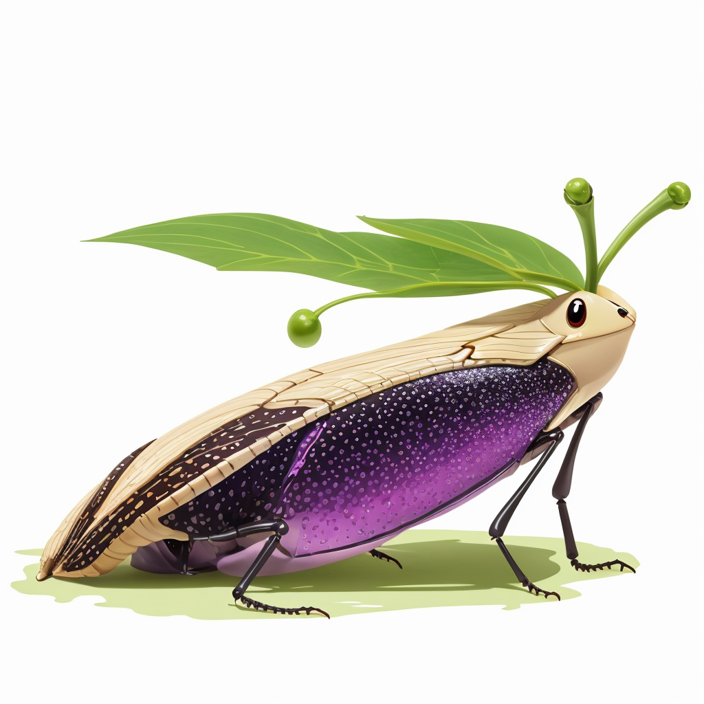 Happy little explodes-in-your-face bomb bug! The little tail can be used to flip, right, or launch themselves, inspired by the click beetle. Once grown enough to be ambulatory, they survive for about a day (matching the lifetime of an Advanced Alchemy concoction), and the overhead leaf is vestigial. The hard wooden upper shell protects it during growth. In maturity, two long, translucent sacs swell with one of a variety of chemical concoctions. The internal wall between the sacs can rupture to start a chemical reaction, or be rapidly compressed from the neck down to cause an external rupture. Correct my amateur fantasy biology at esainane on most major IRC networks, or at mail.antihype.space!